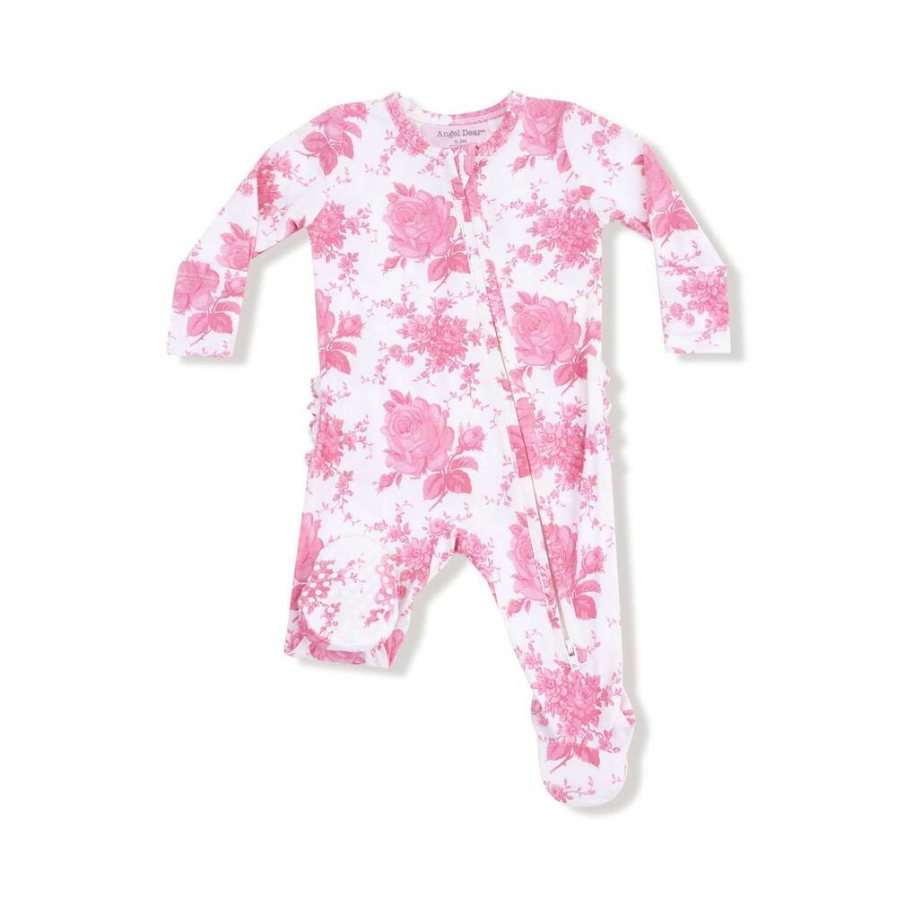 NEW ANGEL DEAR girls two way ruffle back zipper footie in vintage pink roses